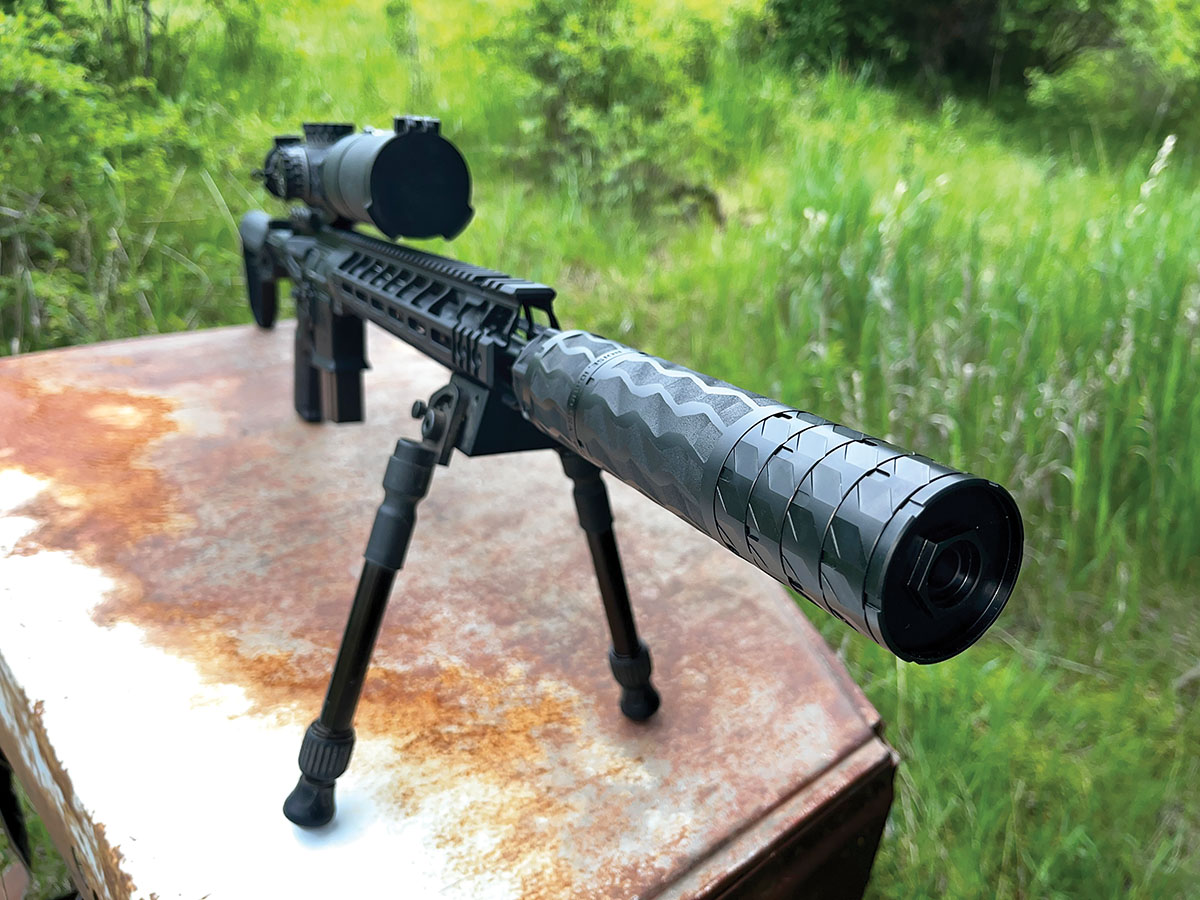 The PWS BDE 762 TI Suppressor used to complete the test-weapon system is a 3-D printed titanium design engineered to minimize backpressure and blowback to run cleaner and reduce felt recoil.